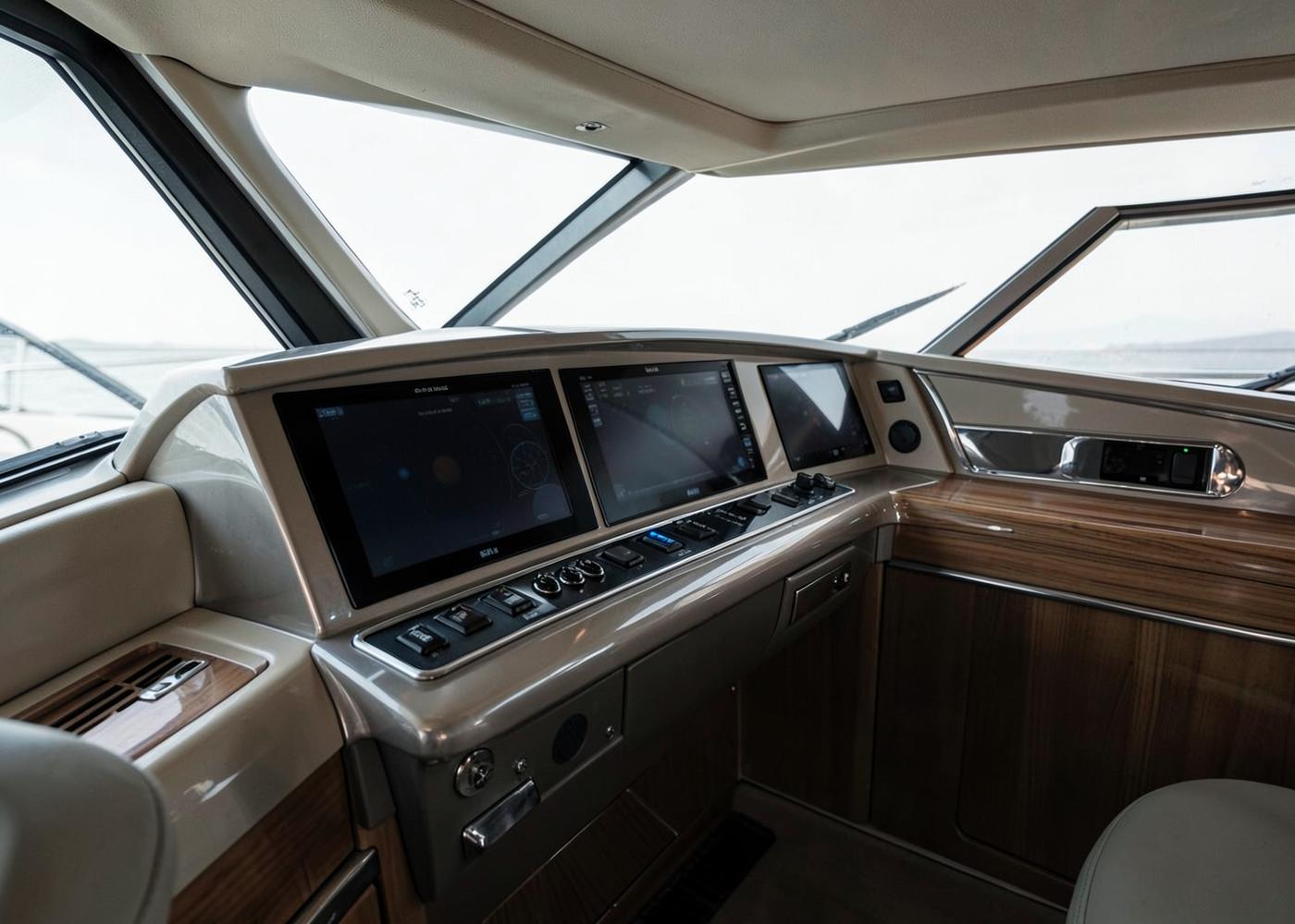 Helm station of a motor yacht with navigation displays
