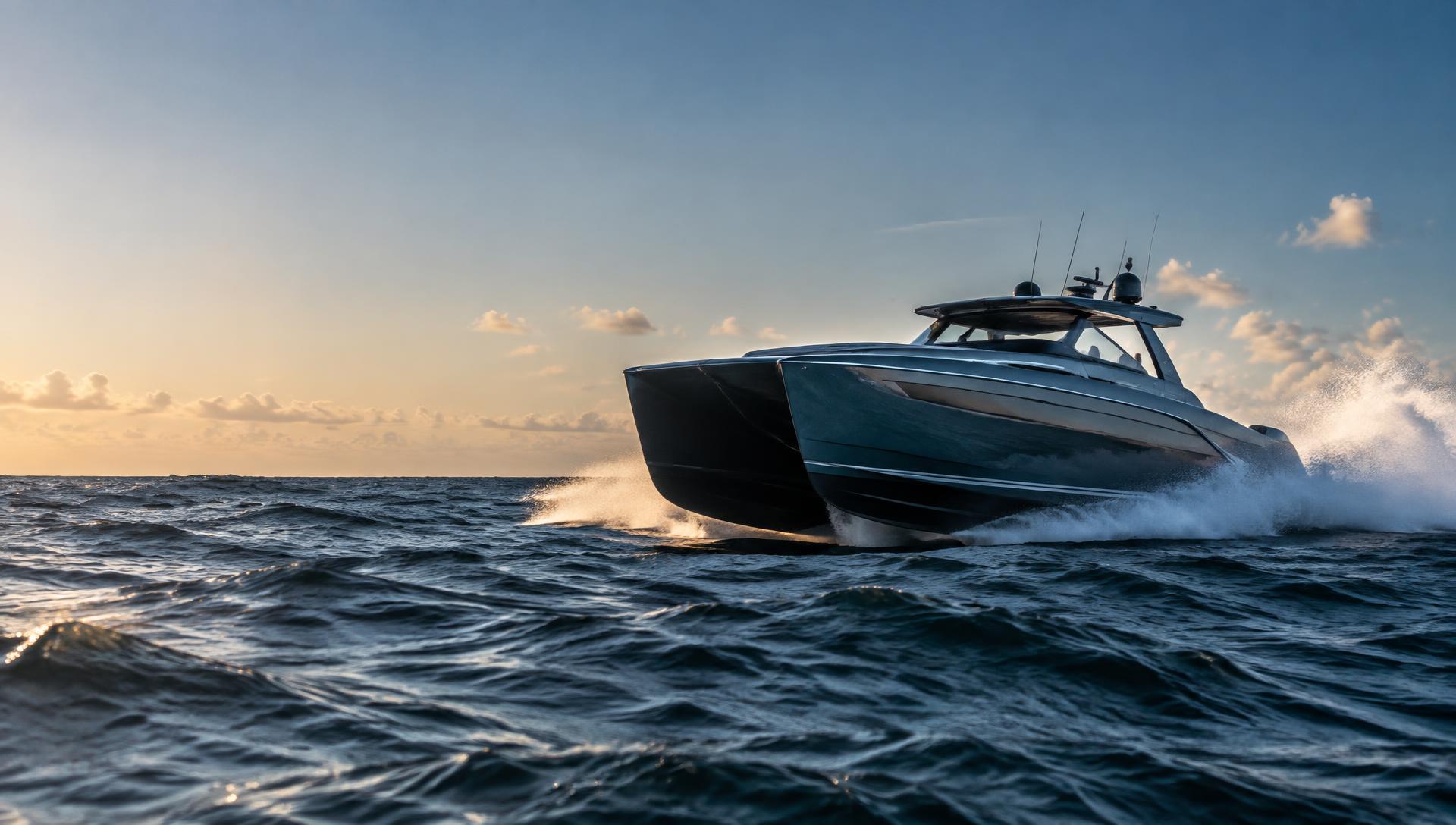 High-performance offshore powerboat running at speed on open water