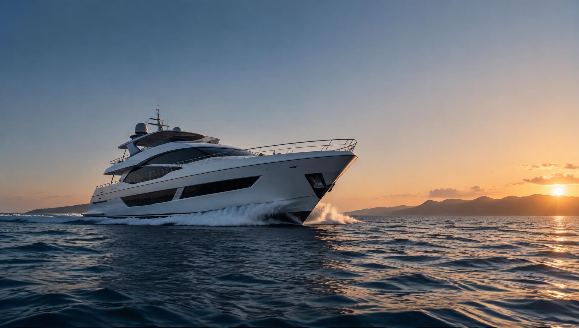 Motor yacht underway at sunset